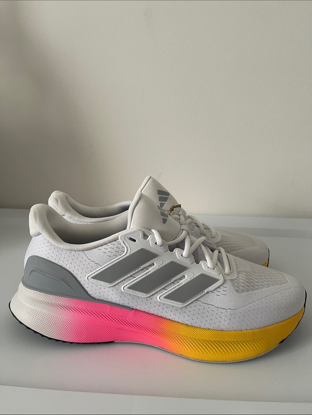 adidas Women's White Running Shoes with Pink and Yellow Gradient Midsole